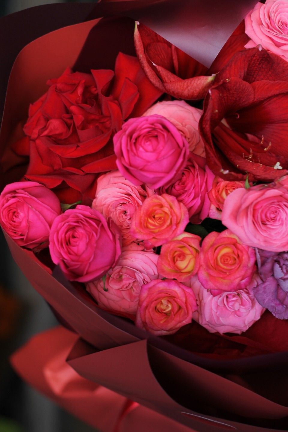 Букет с красным амарилисом "Французский шик" - с добавлением зелени