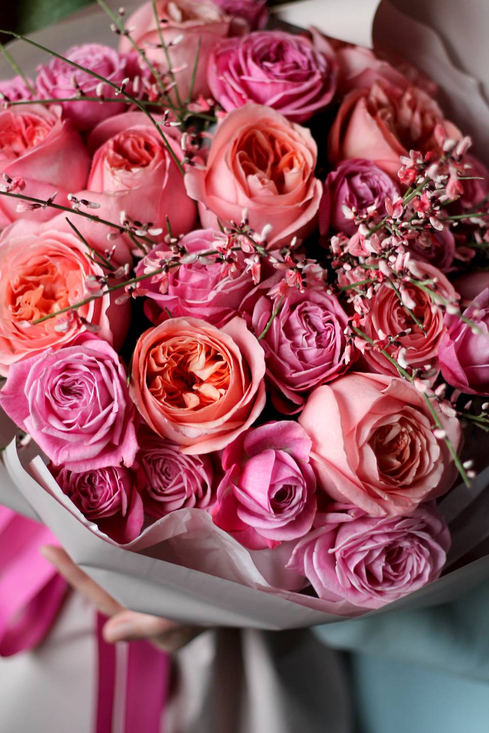 Букет Розовые Времена - с добавлением зелени