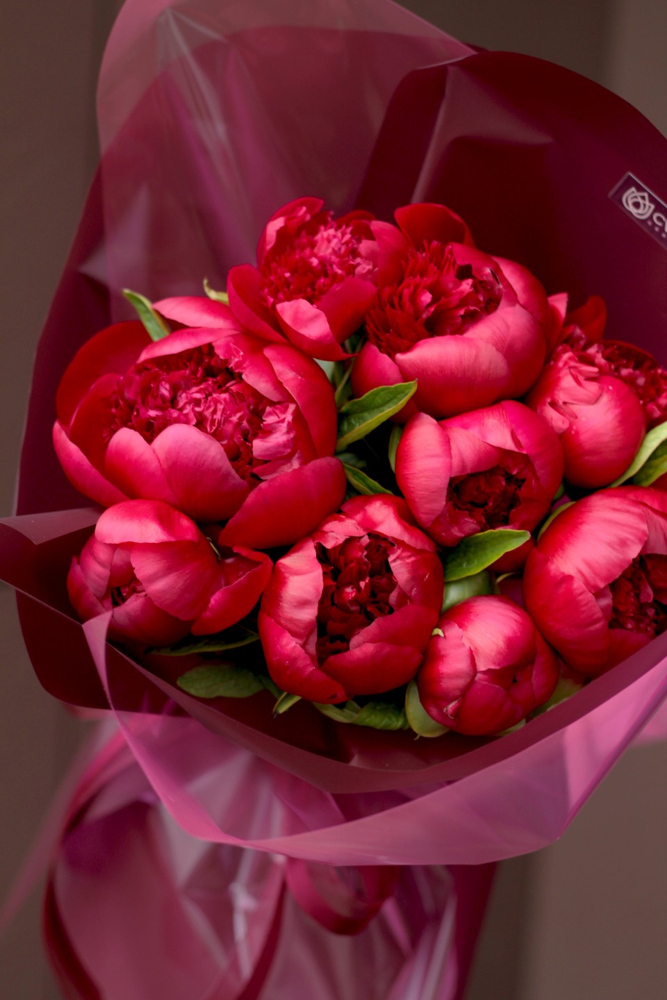 Букет пионов Ред шарм - с добавлением зелени