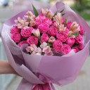 Букет Розовое Счастье - с добавлением зелени - миниатюра 