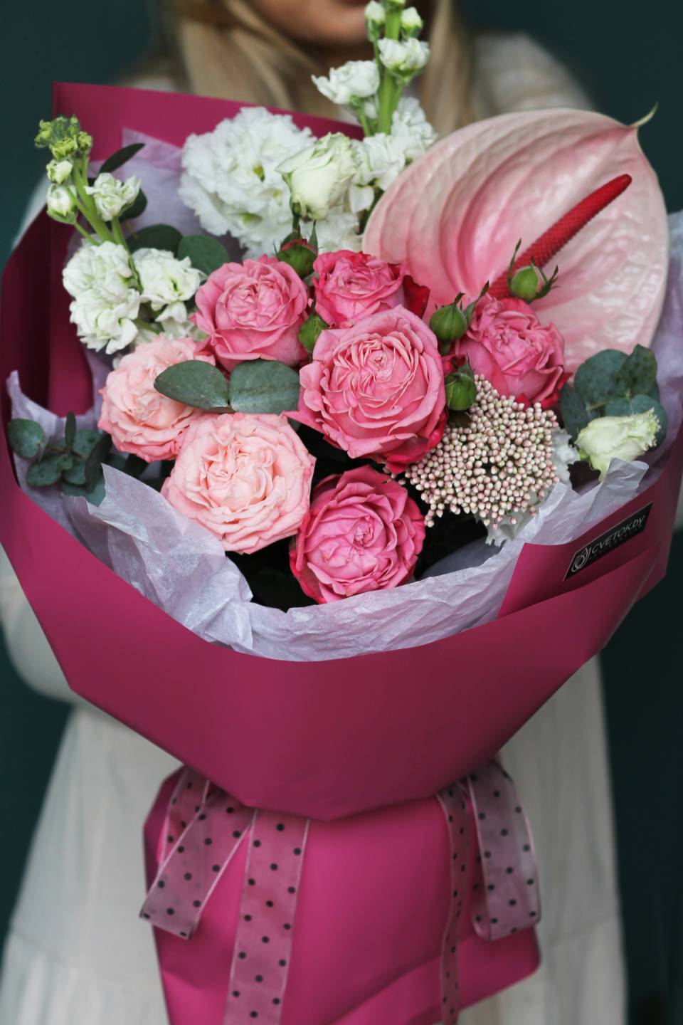 Букет Малиновый звон - с добавлением зелени