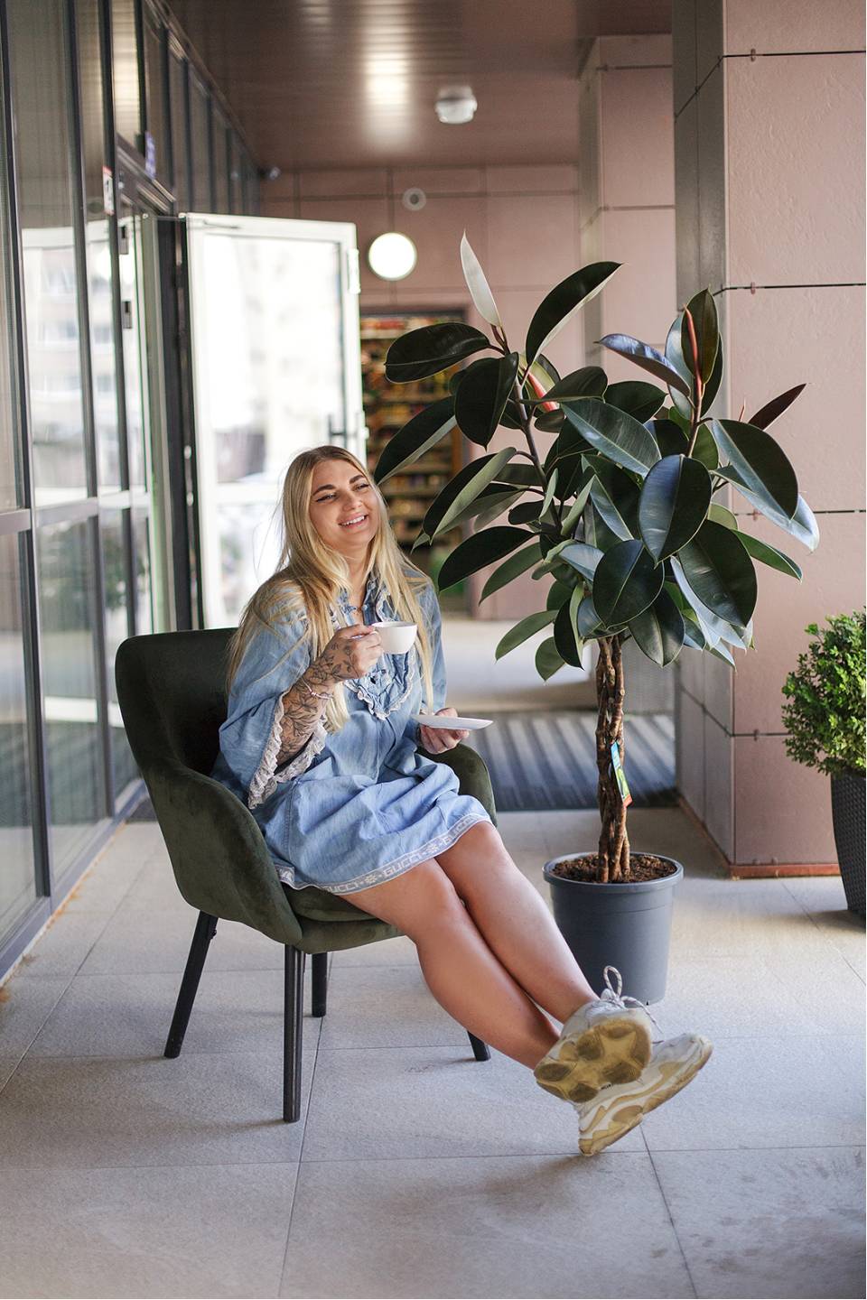 Фикус Бургунди на плетеном стволе - с добавлением зелени